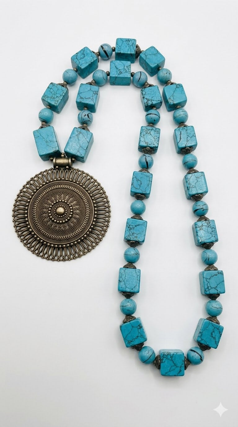 Turqoize Stone Chain with Oxidized Pendant